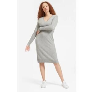 Women Everlane 100% Cashmere Sweater Dress Gray V Neck Midi Length Quiet Luxury